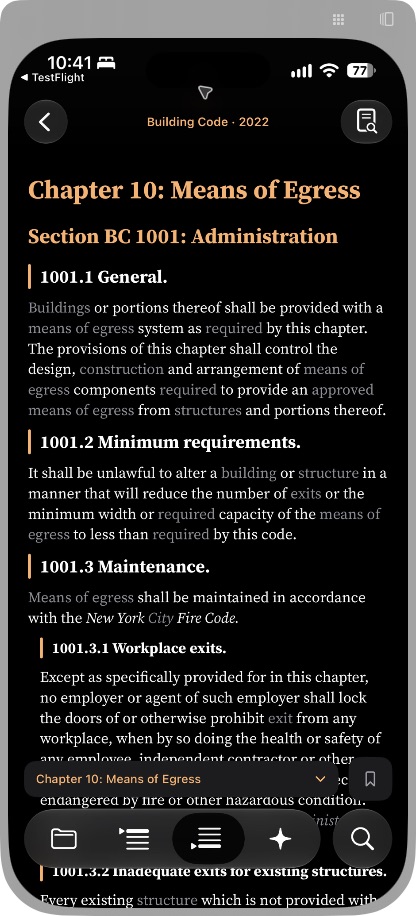 Permitext Reader on iPhone showing Chapter 10: Means of Egress